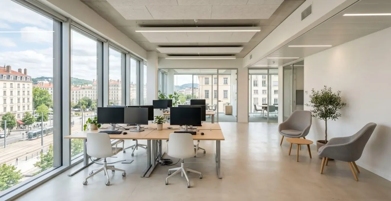 Bureau moderne français vide et lumineux avec grandes fenêtres, espace de travail contemporain épuré et architecture intérieure sobre