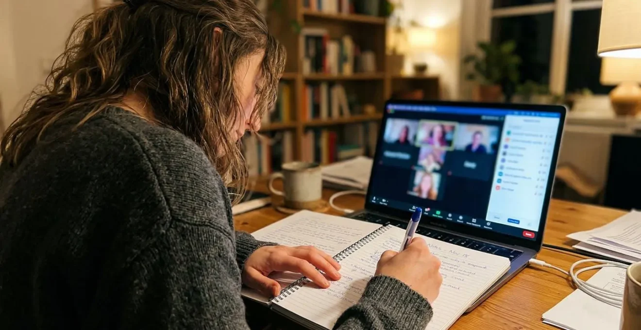 Personne de dos prenant des notes sur un carnet pendant une visioconférence visible en arrière-plan flou sur un écran d'ordinateur