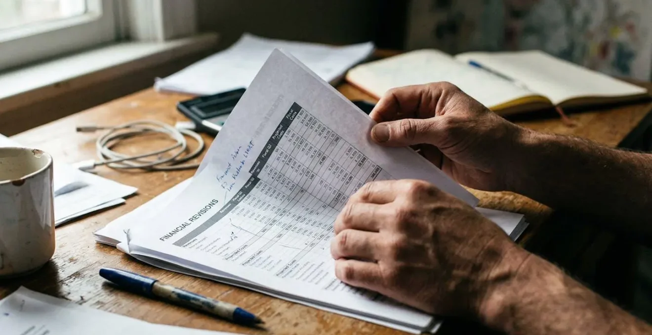 Mains feuilletant un rapport financier sur un bureau avec un stylo et une tasse de café visible en arrière-plan
