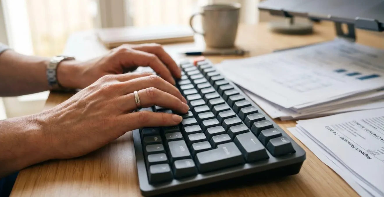 Gros plan sur des mains professionnelles saisissant des données sur un clavier d'ordinateur moderne avec des documents financiers légèrement floutés en arrière-plan