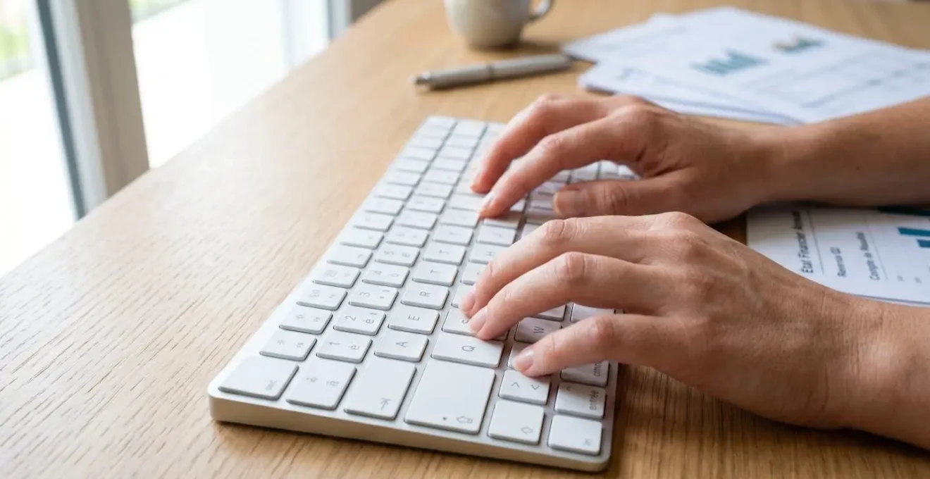 Gros plan sur des mains professionnelles saisissant des données sur un clavier d'ordinateur moderne avec des documents financiers légèrement floutés en arrière-plan