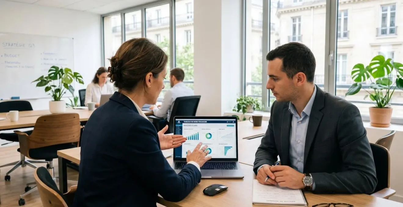 Deux professionnels en réunion de travail analysent ensemble des données financières affichées sur un écran d'ordinateur dans un bureau moderne lumineux