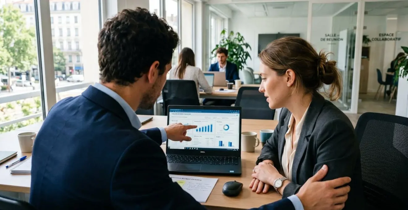 Deux professionnels en réunion de travail analysent ensemble des données financières affichées sur un écran d'ordinateur dans un bureau moderne lumineux