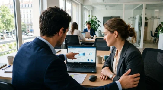 Deux professionnels en réunion de travail analysent ensemble des données financières affichées sur un écran d'ordinateur dans un bureau moderne lumineux