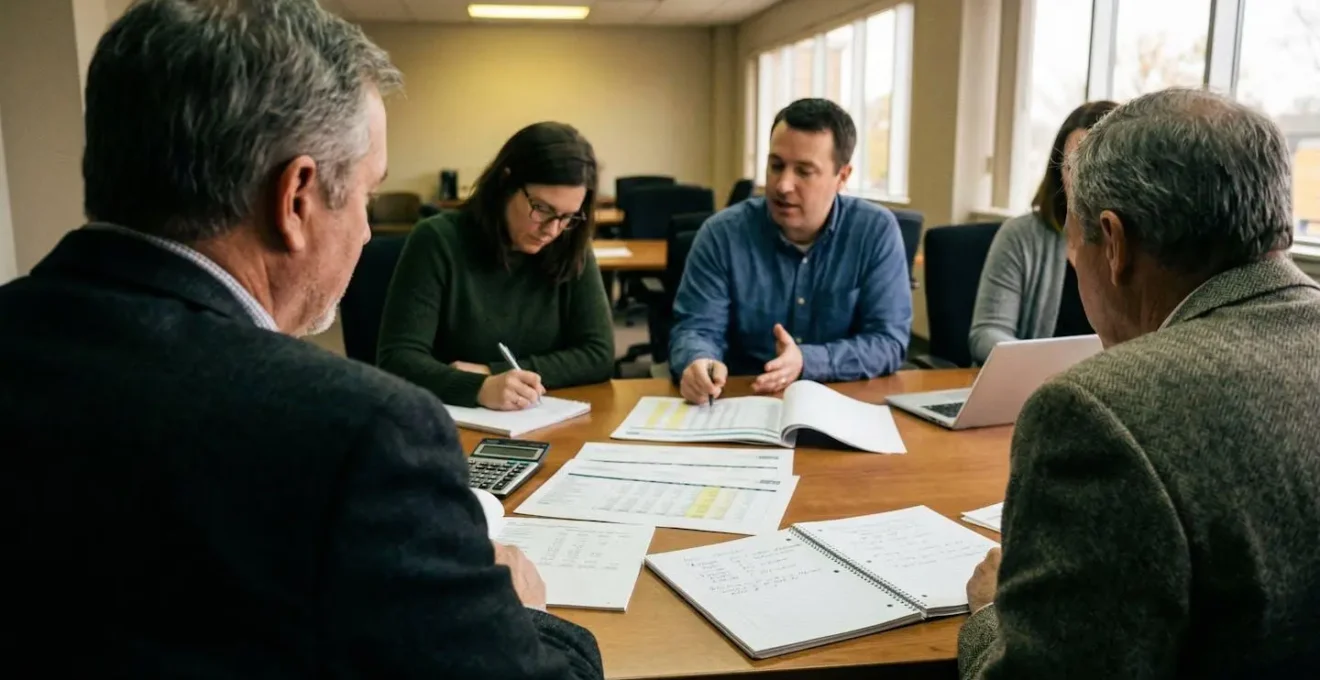 Trois personnes assises autour d'une table de réunion consultent des documents financiers, vue légèrement en plongée depuis le côté de la salle