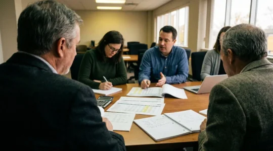 Trois personnes assises autour d'une table de réunion consultent des documents financiers, vue légèrement en plongée depuis le côté de la salle