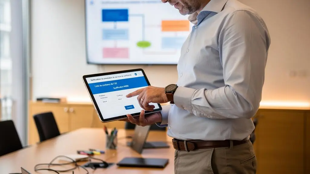 Directeur IT vérifiant la certification d'un prestataire de confiance sur la Trust List européenne à l'aide d'une tablette dans un espace de travail professionnel.