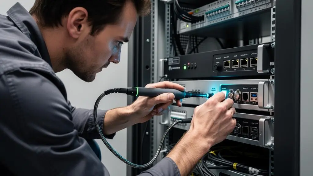 Technicien sécurité inspectant un serveur d'horodatage qualifié ou un équipement HSM dans une salle technique sécurisée.