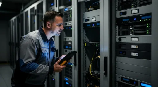 Technicien IT effectuant une vérification de maintenance sur l'infrastructure de serveurs d'horodatage certifiés dans un centre de données sécurisé.