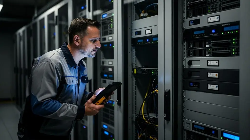 Technicien IT effectuant une vérification de maintenance sur l'infrastructure de serveurs d'horodatage certifiés dans un centre de données sécurisé.