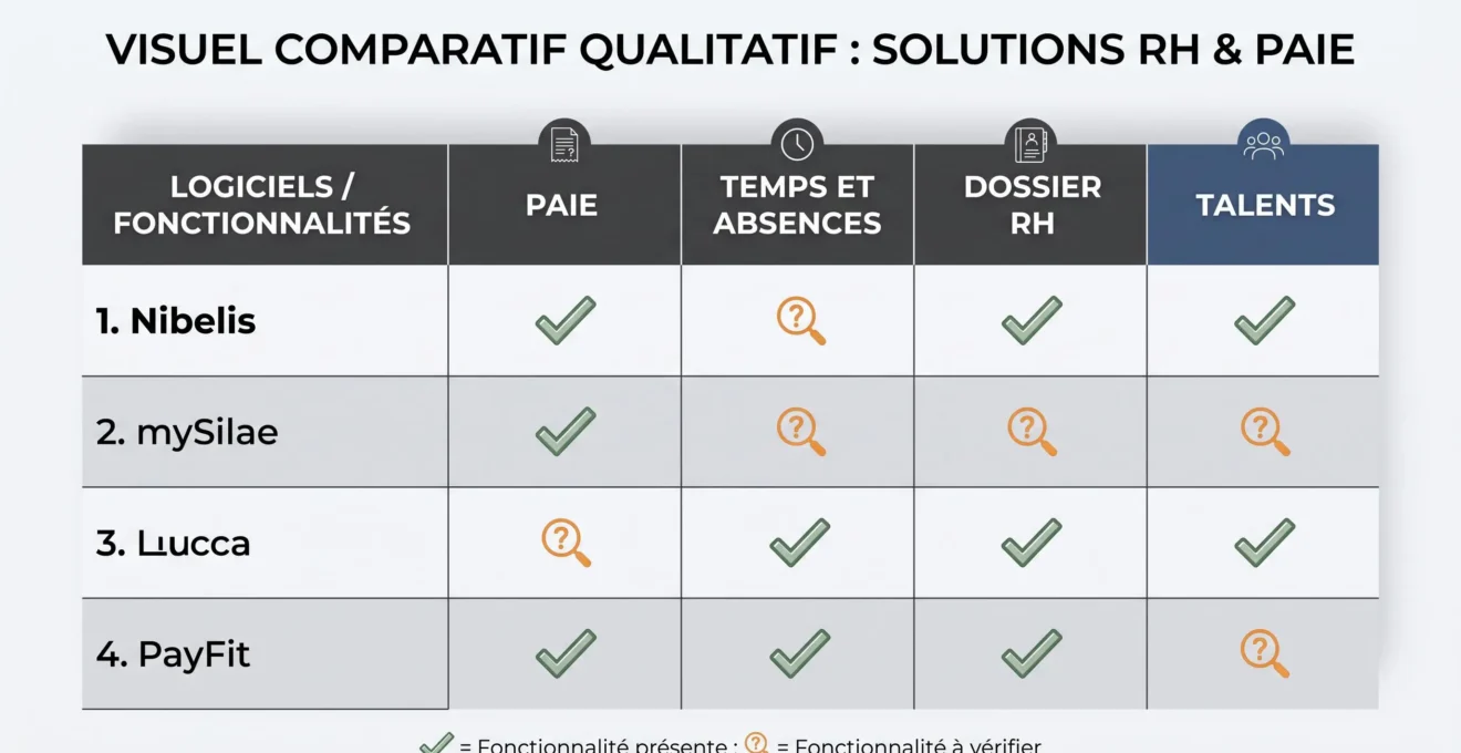 Comparaison qualitative des familles de fonctionnalités de plusieurs solutions SIRH