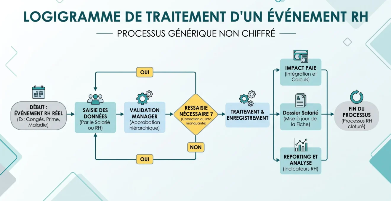 Parcours de test d'une donnée RH depuis la saisie jusqu'à la paie et au reporting